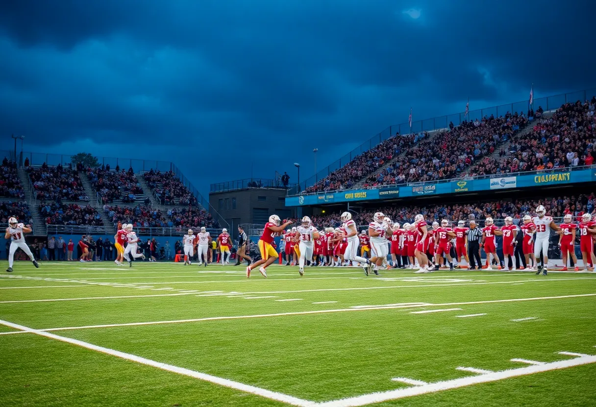 Players competing in a high school football semifinal game