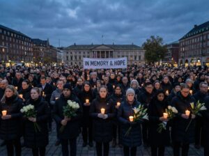 A group of people gathered at a remembrance event with candles and flowers