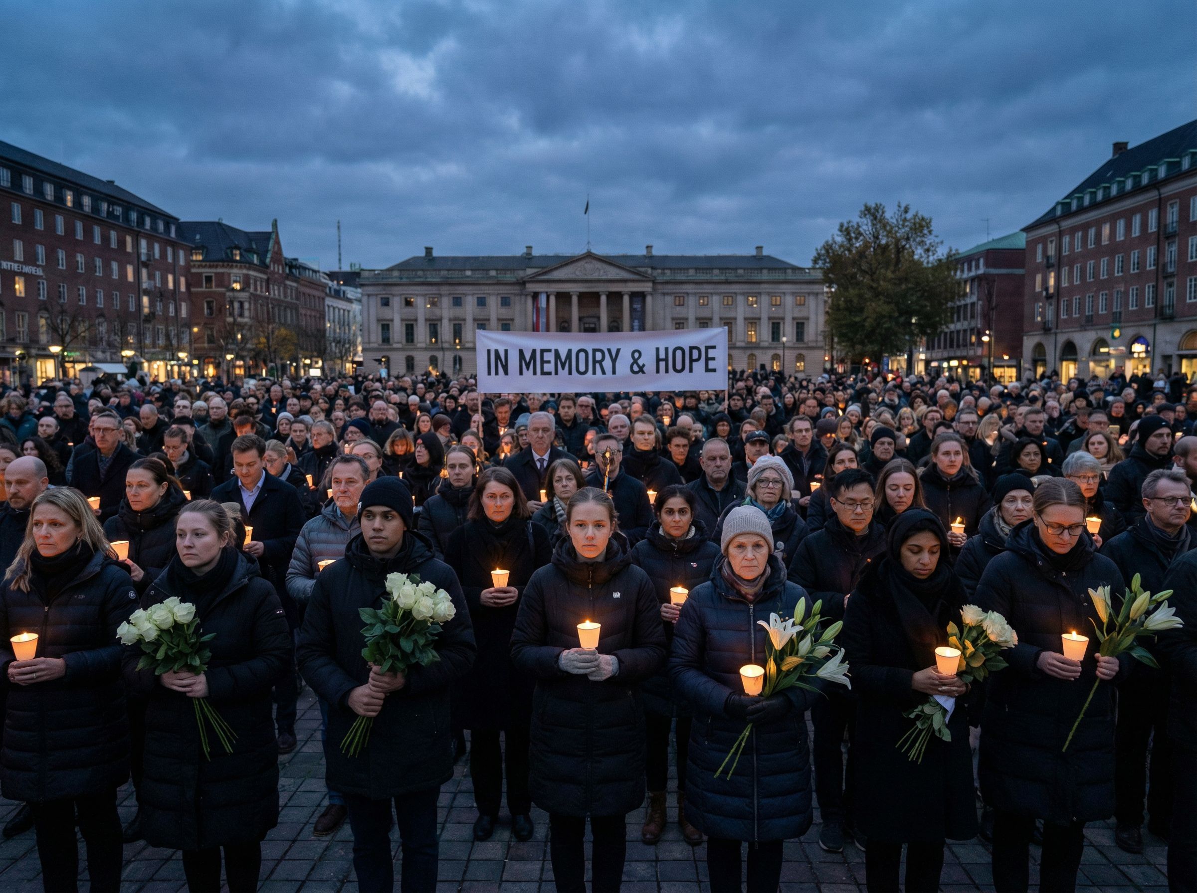 A group of people gathered at a remembrance event with candles and flowers