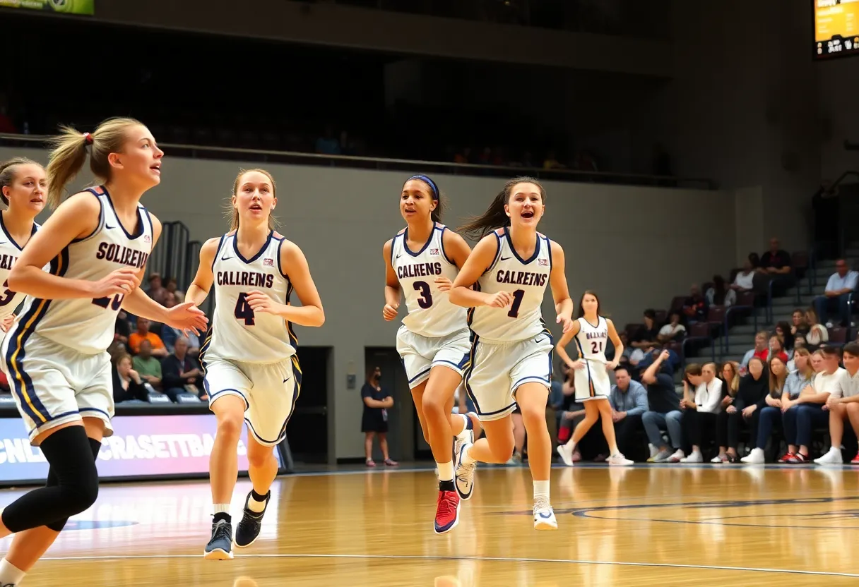 College women's basketball game action featuring players in motion.