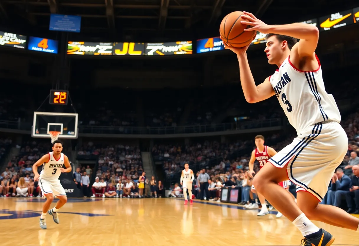 Players from La Salle men's basketball team celebrating a victory during the game.