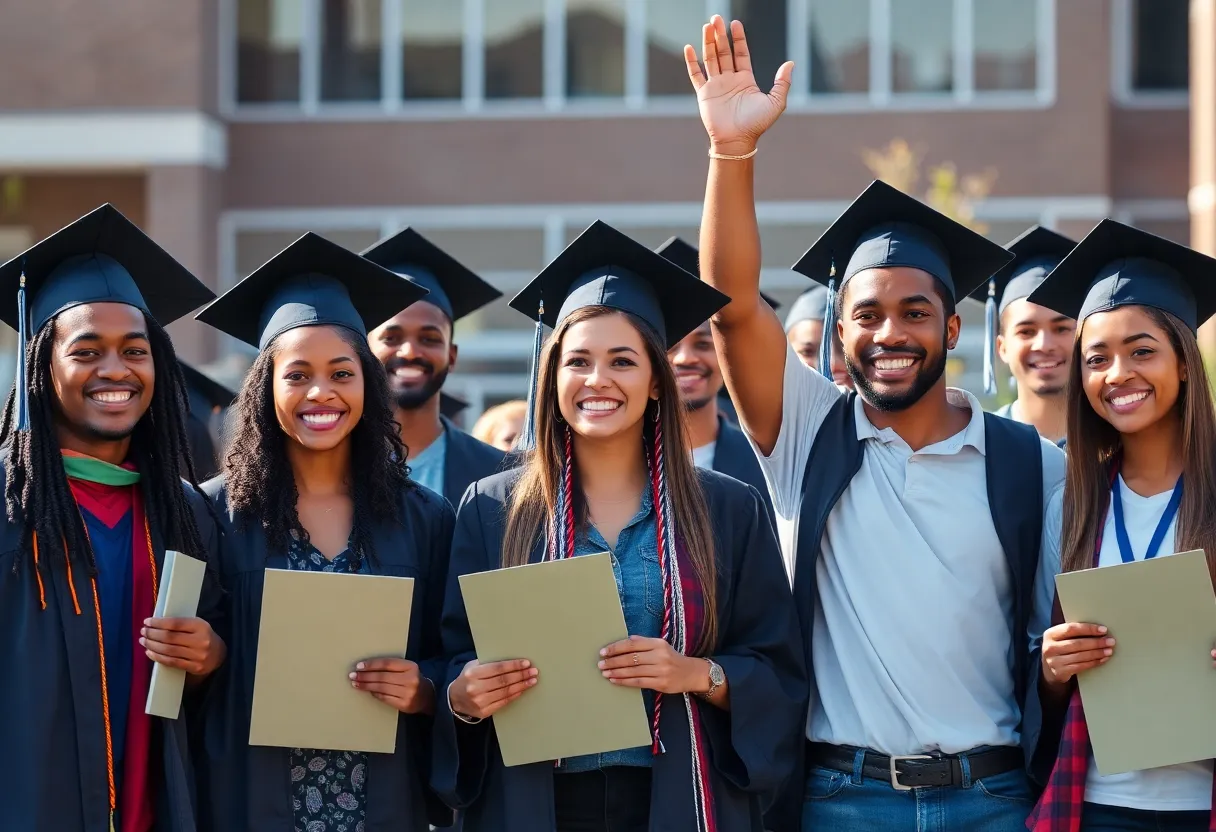 College athletes celebrating graduation success