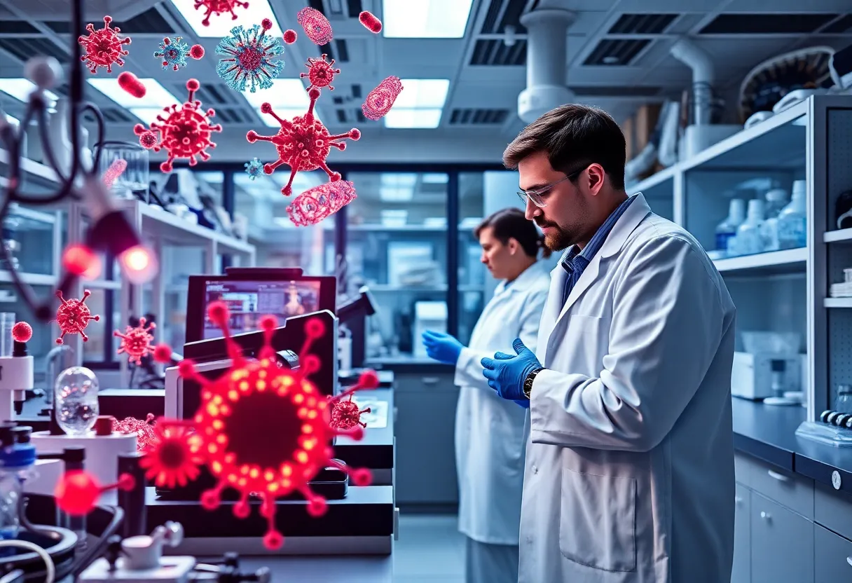 A biotechnology laboratory with researchers exploring molecular structures.