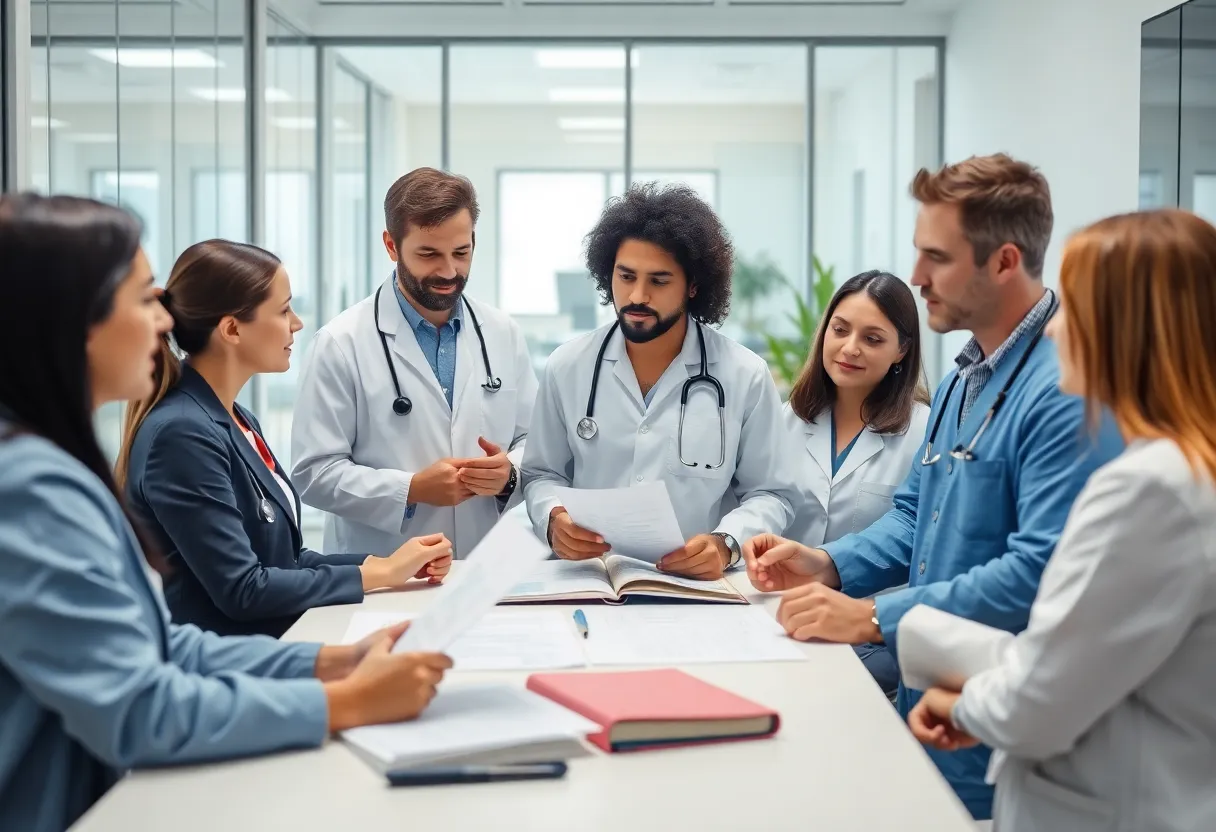 Professionals collaborating in a healthcare leadership meeting