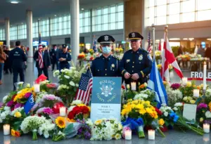 Memorial for fallen police officer with flowers and candles