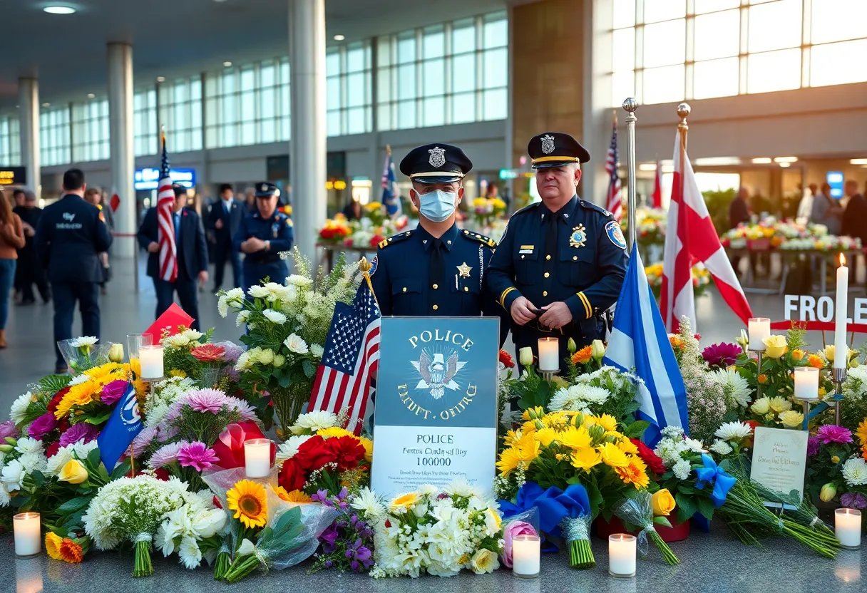Memorial for fallen police officer with flowers and candles