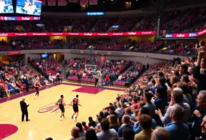 Players from Merrimack and Penn competing in the Cathedral Classic basketball game.