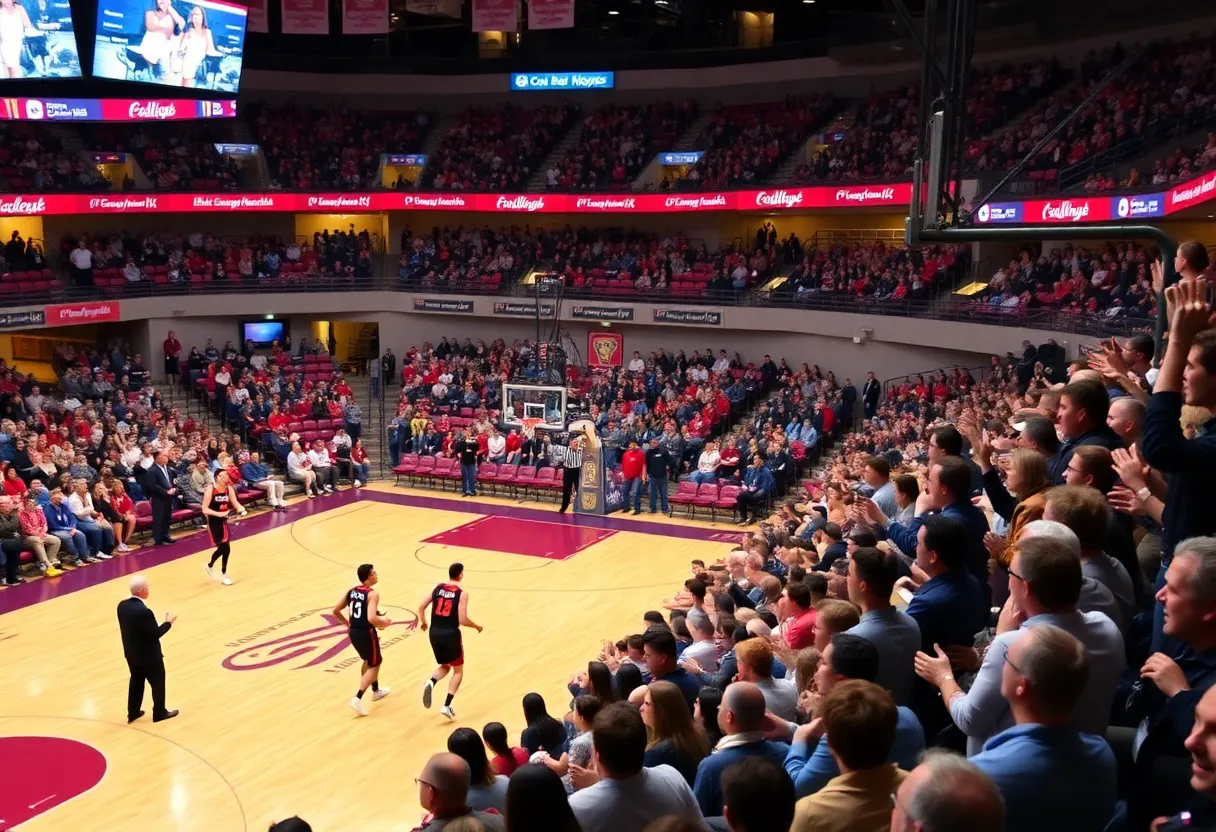 Players from Merrimack and Penn competing in the Cathedral Classic basketball game.