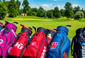 NCAA golf bags displayed with team logos during Black Friday sale