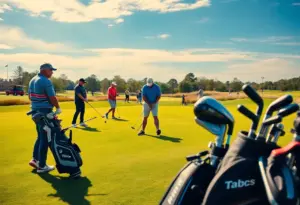 Golf enthusiasts testing equipment on a scenic golf course