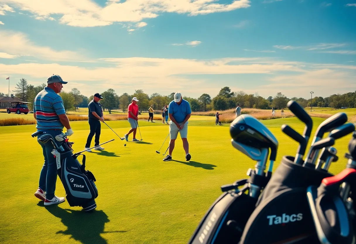 Golf enthusiasts testing equipment on a scenic golf course