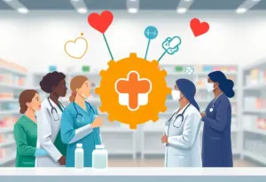 Diverse healthcare professionals discussing pharmacy care improvements