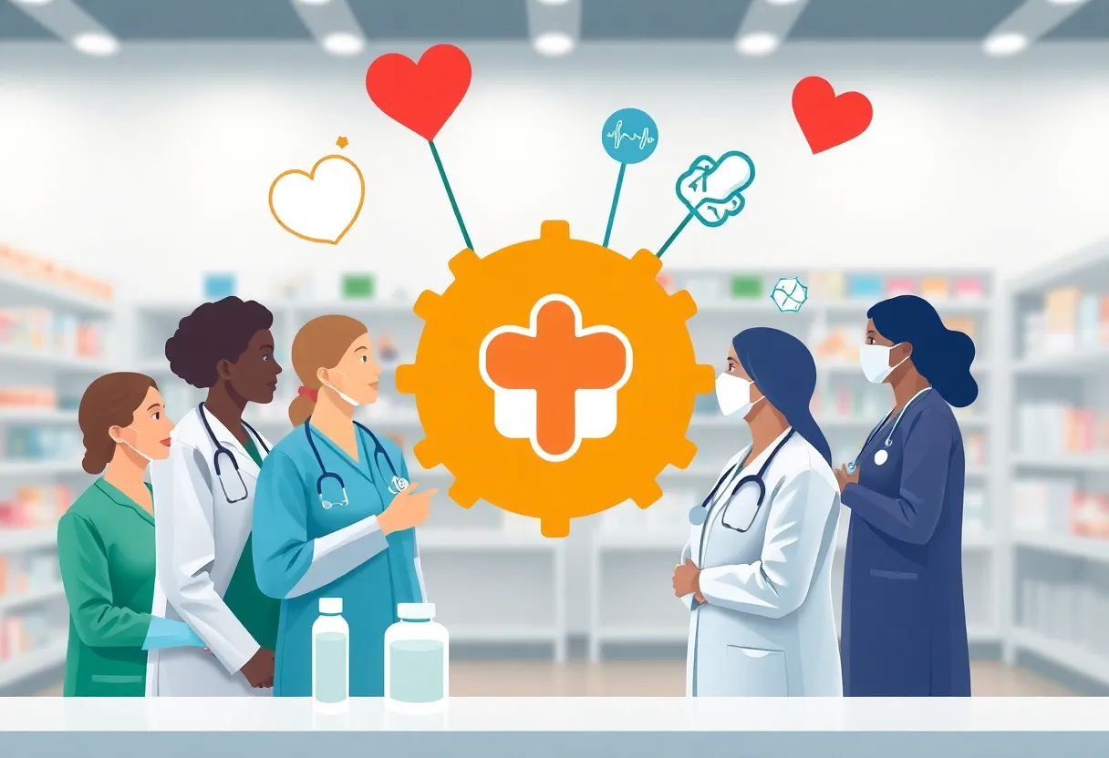 Diverse healthcare professionals discussing pharmacy care improvements