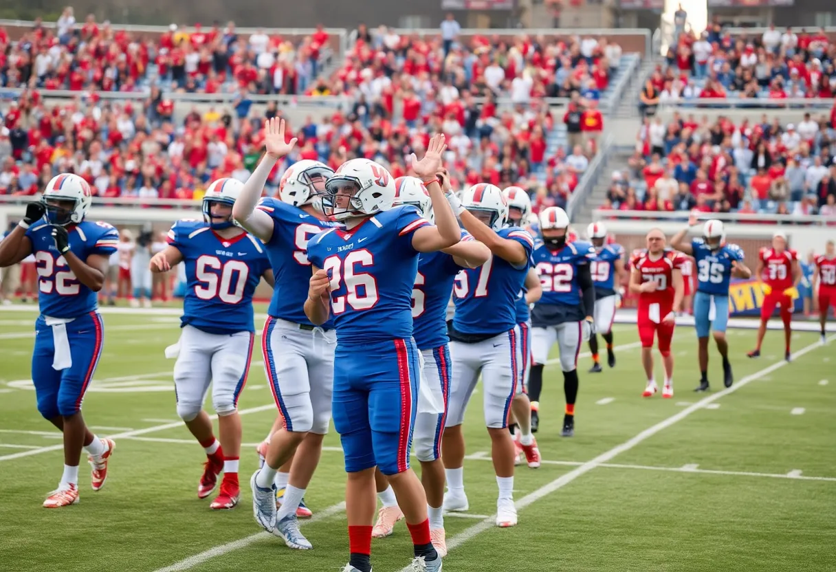 University of Pennsylvania football team celebrating a win at Franklin Field.