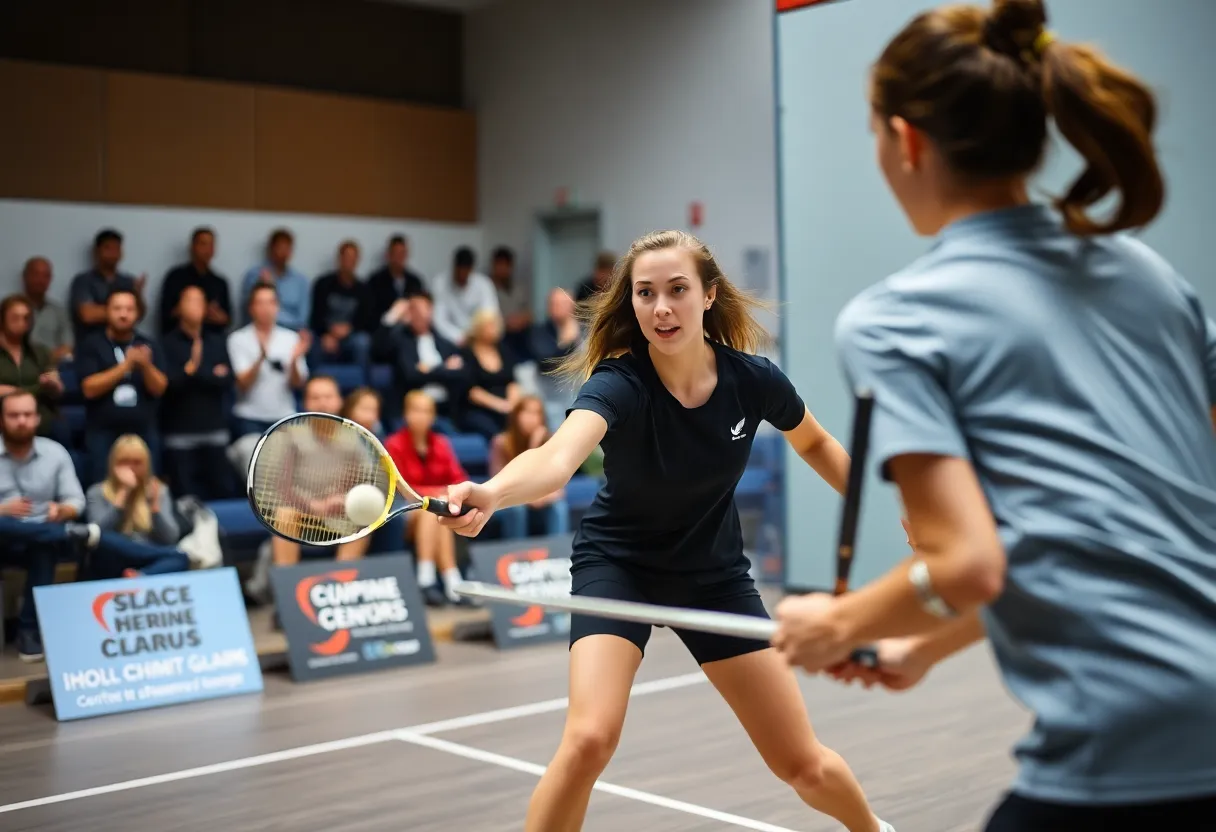 A women's squash match taking place at the Penn Squash Center.
