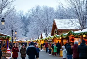 Families enjoying the Pennsylvania winter festival surrounded by festive lights and snow.