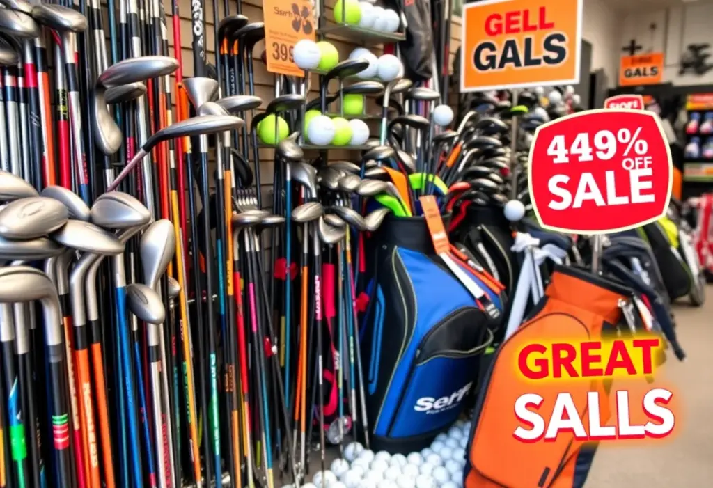 Display of golf clubs, balls, and golf shoes at PGA TOUR Superstore