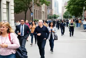 Community members walking in Philadelphia with police presence.