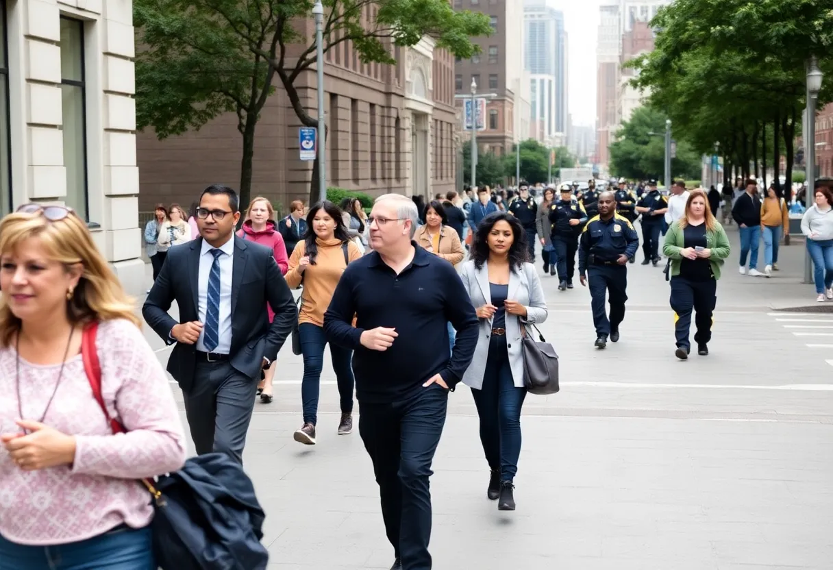 Community members walking in Philadelphia with police presence.