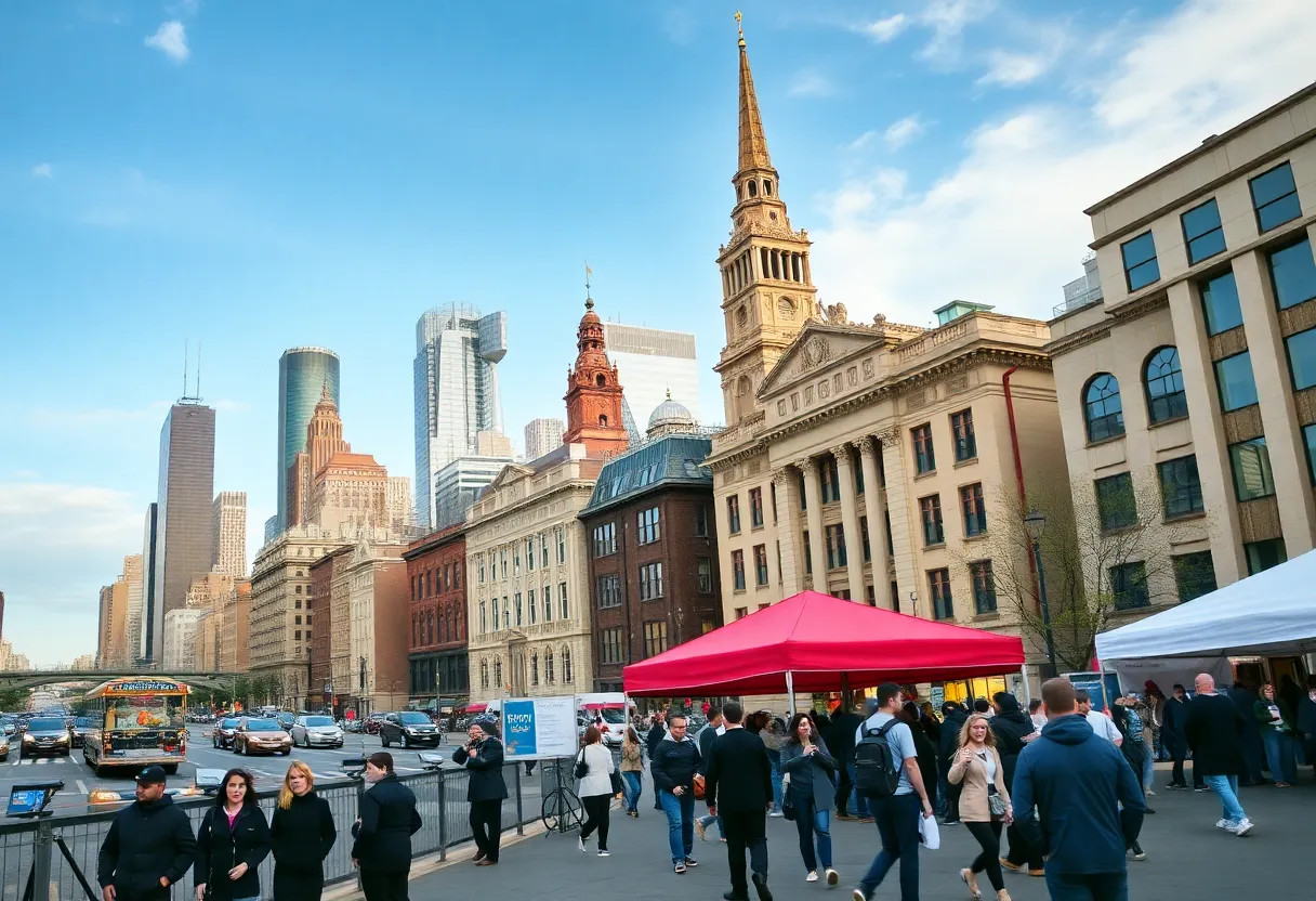 Philadelphia cityscape with an emphasis on business events and tourism activities.