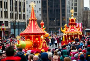 View of the Philadelphia Thanksgiving Day Parade with colorful floats and a crowd