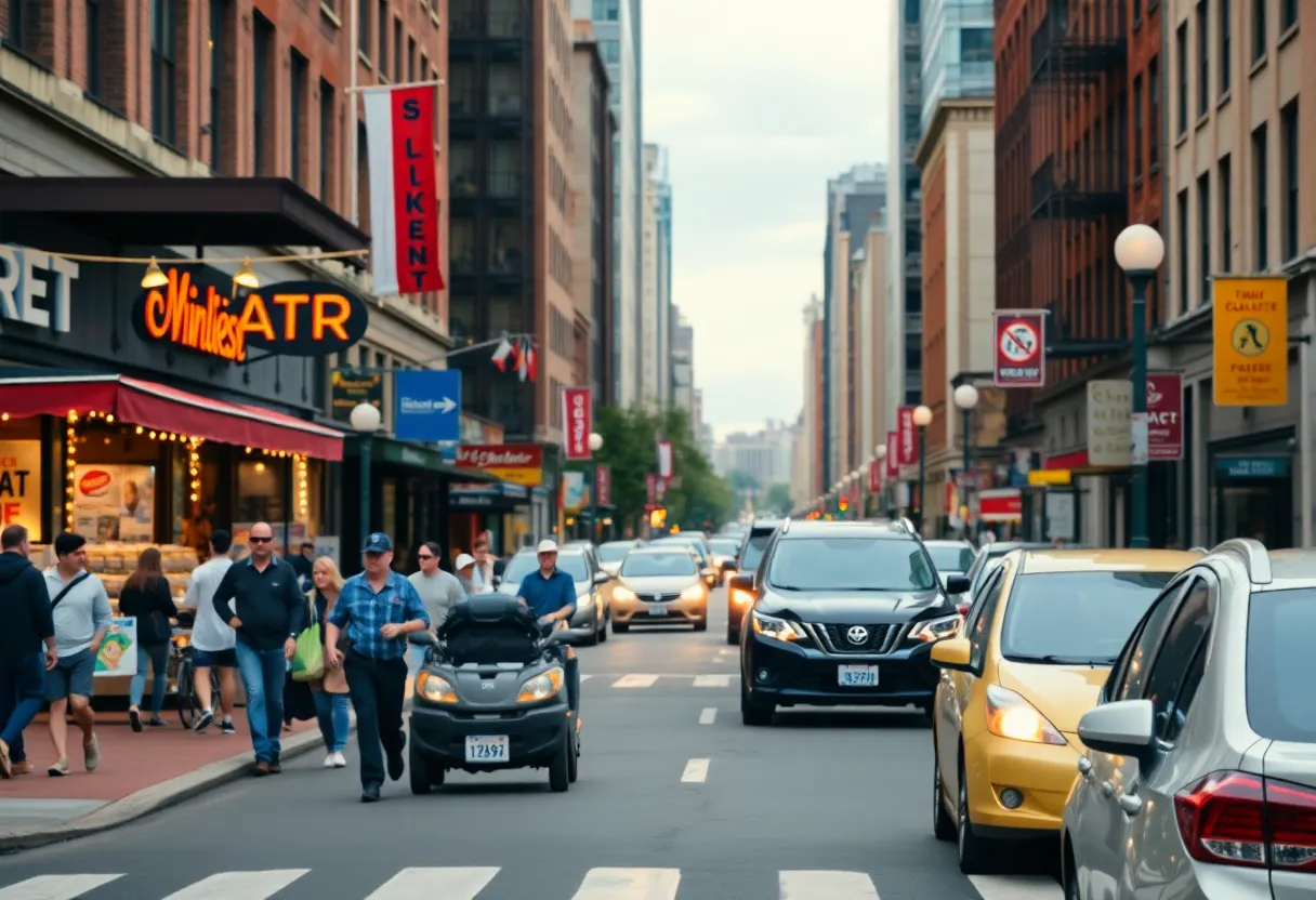 A street in University City, Philadelphia with traffic and pedestrians.