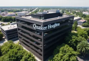 Aerial view of Quaker Houghton corporate office surrounded by greenery.