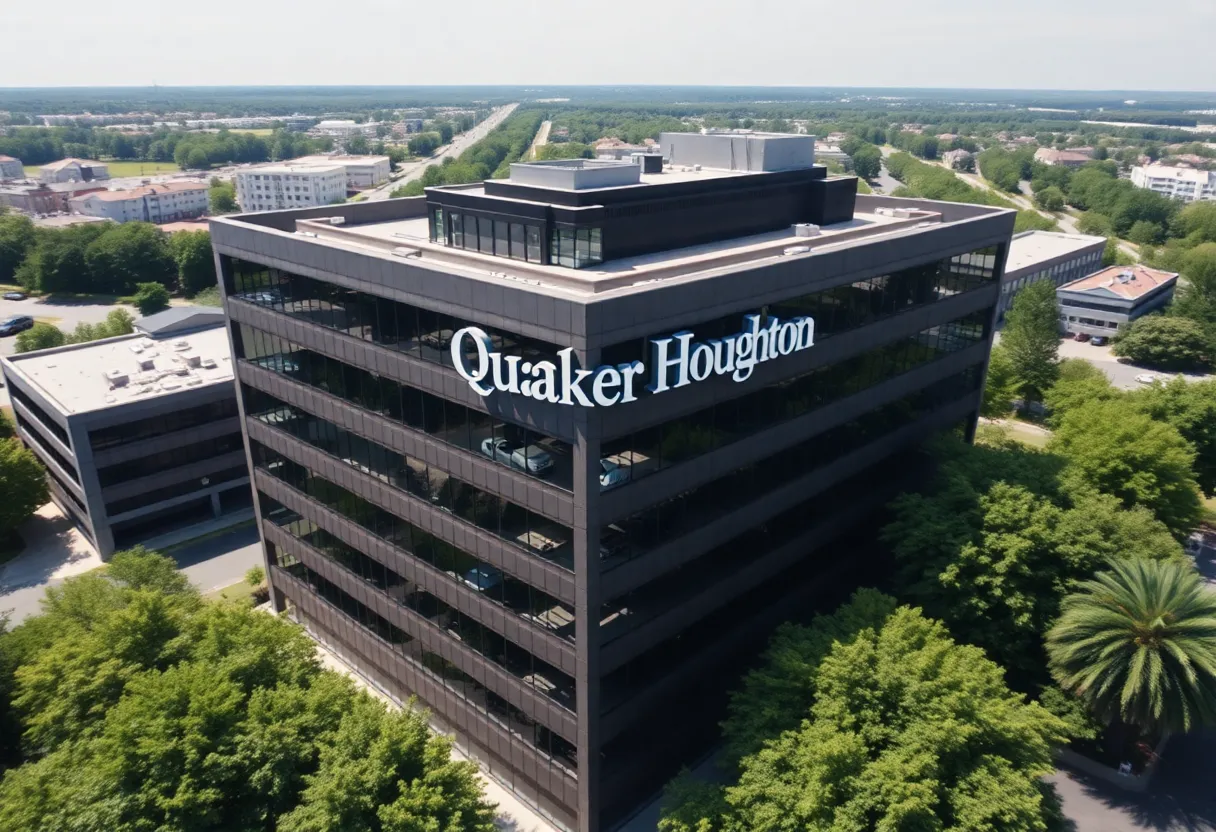 Aerial view of Quaker Houghton corporate office surrounded by greenery.