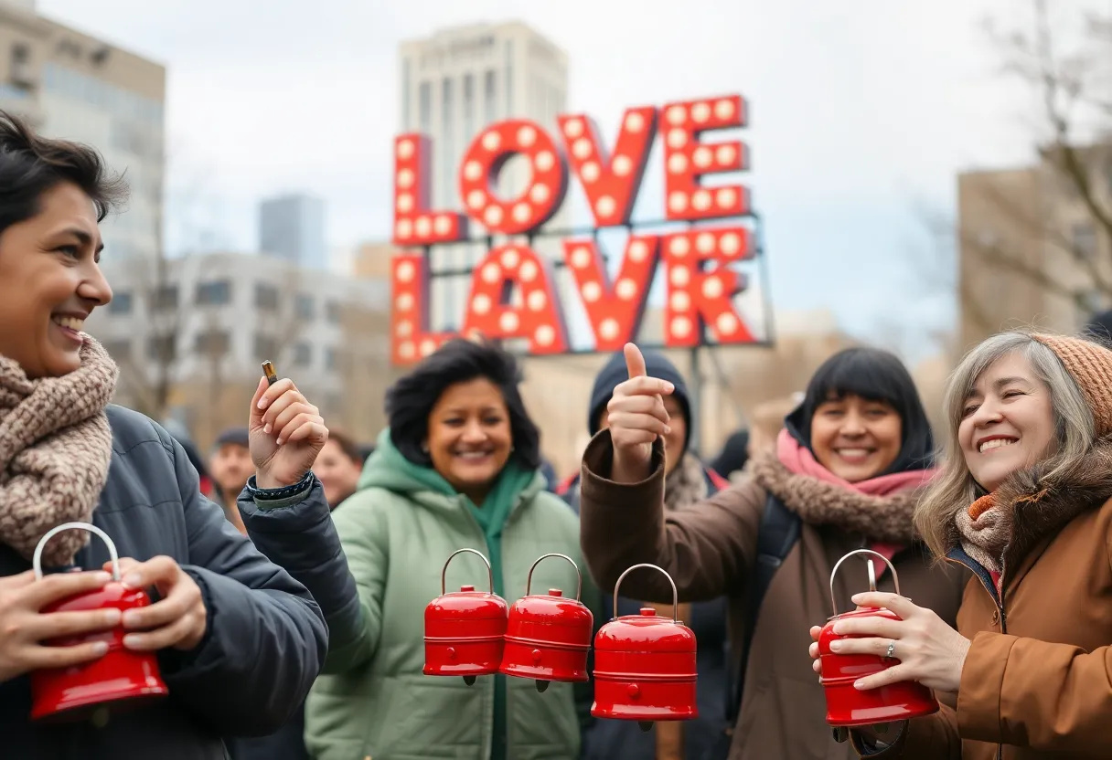 Community members participating in the Red Kettle Campaign at Love Park