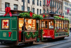 Holiday pop-up shop and decorated SEPTA trolleys in Philadelphia