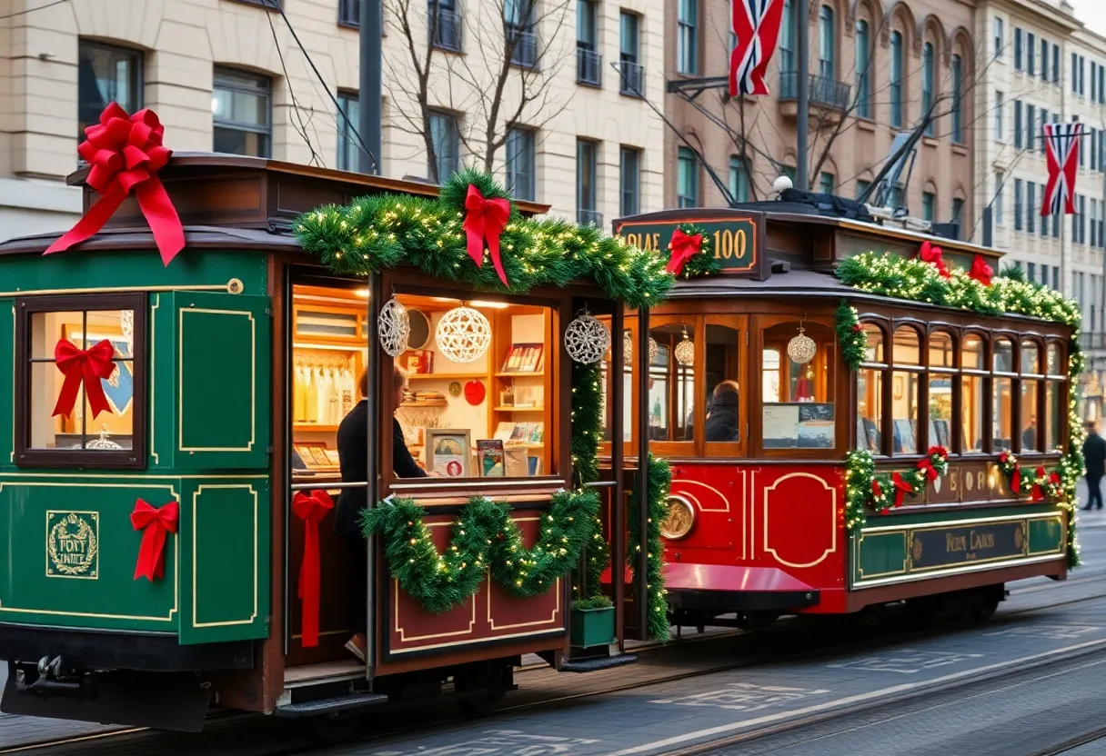 Holiday pop-up shop and decorated SEPTA trolleys in Philadelphia