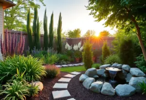 A tranquil backyard garden in Philadelphia showcasing flowers, greenery, and a water feature.