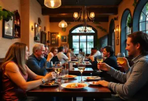 Interior of Spasso Italian Grill during happy hour with guests enjoying food and drinks.