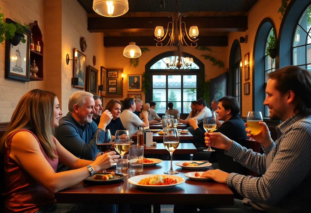 Interior of Spasso Italian Grill during happy hour with guests enjoying food and drinks.