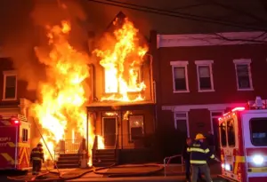 Firefighters respond to a fire in a rowhome in Strawberry Mansion, Philadelphia.