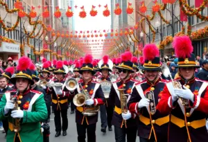 Temple University marching band performing during Thanksgiving Parade.