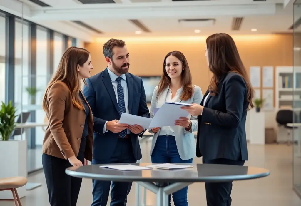 Team of accountants in a modern office discussing strategies.