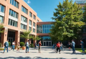 Students discussing on university campus, symbolizing academic freedom.
