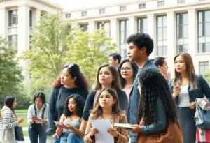 Diverse university students discussing activism on campus