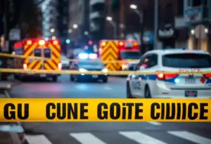 A crime scene marked with police tape and emergency vehicles in Wilmington, Delaware.