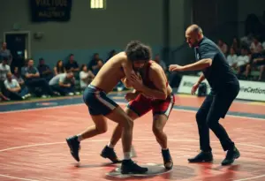 Dynamic wrestling match with athletes displaying skills and athleticism in action.