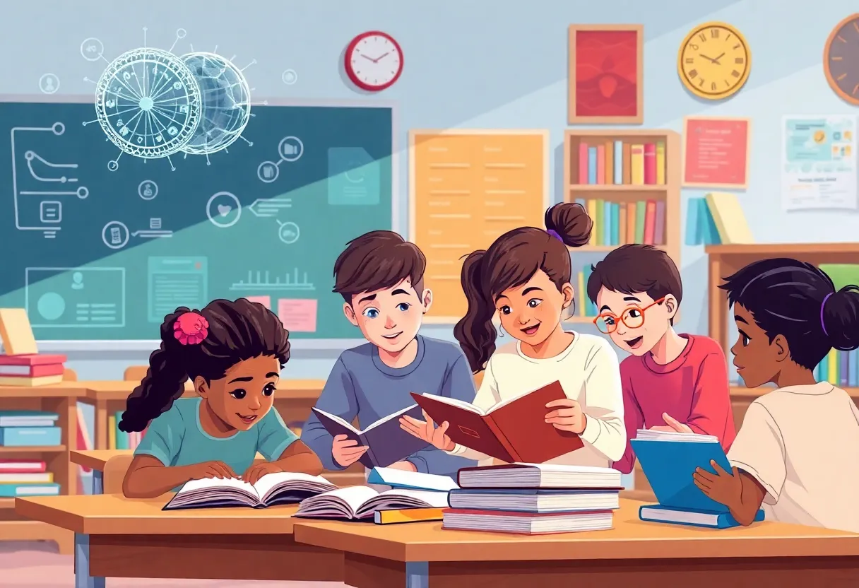 Students using AI technology in a modern classroom