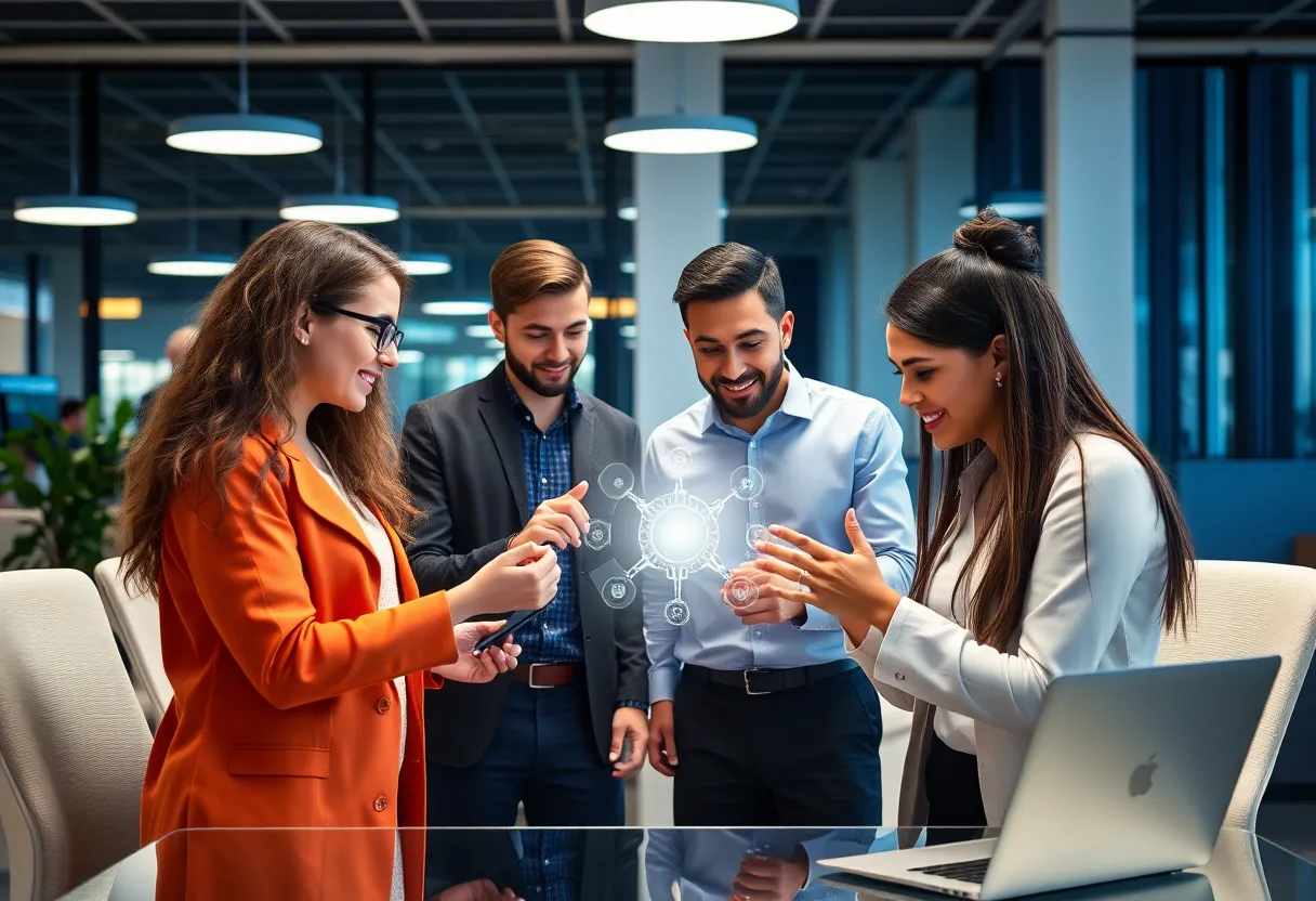 HR professionals using AI technology in a collaborative office environment