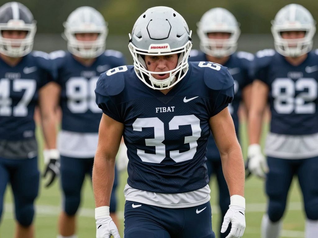 Illustration of a concerned football player amidst a training session.