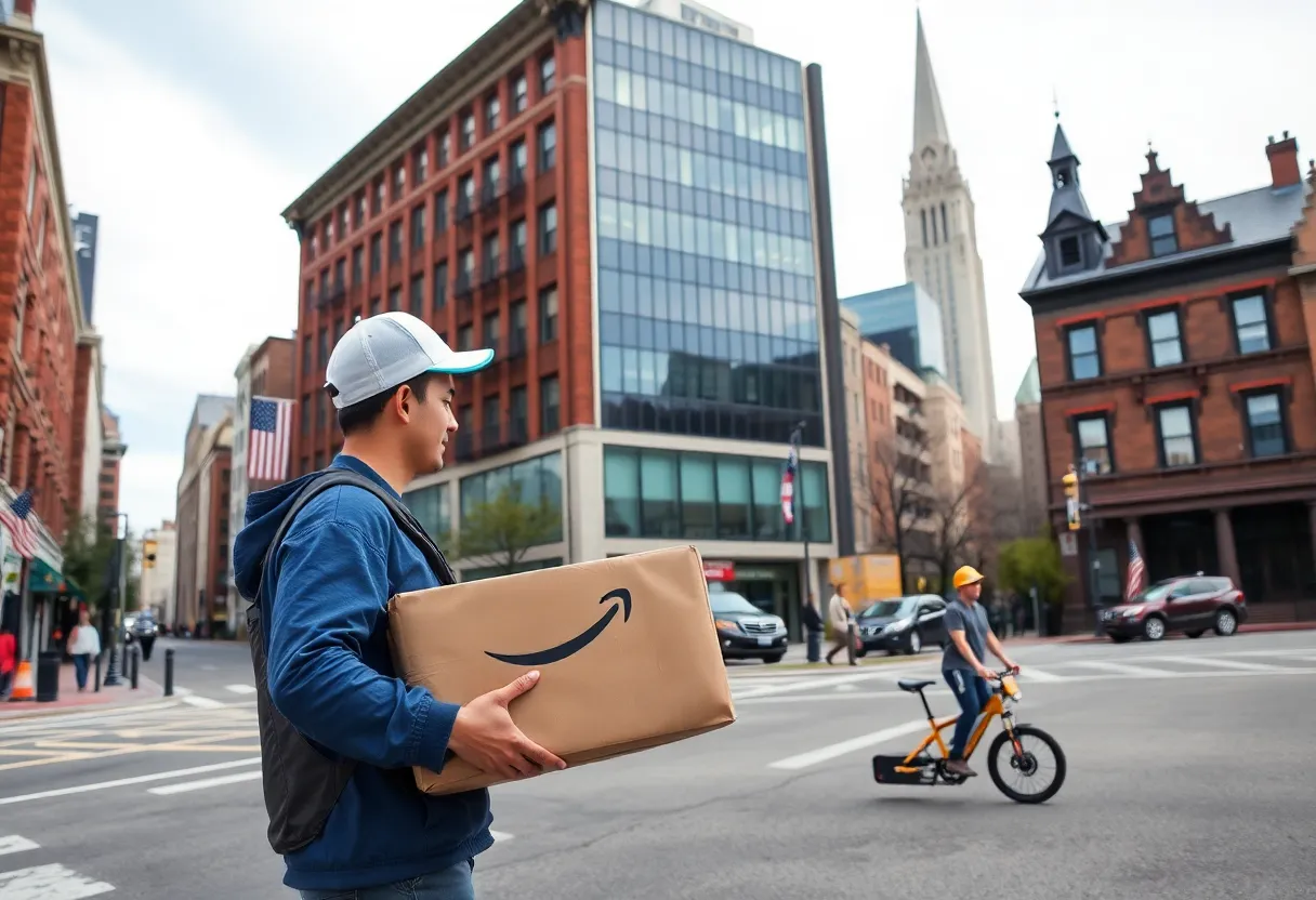 Delivery person showcasing Amazon Now service in Philadelphia