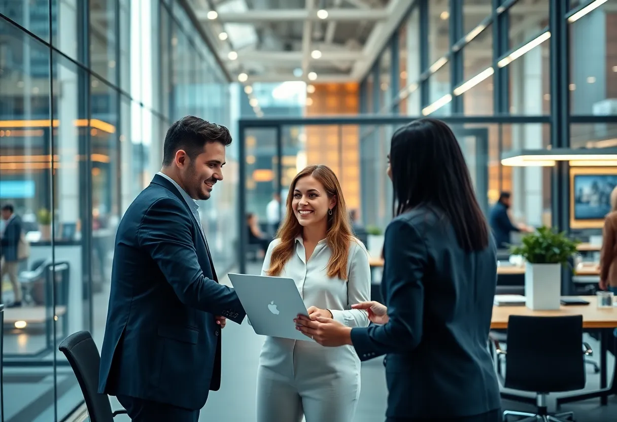 Team collaboration in a modern office environment representing Aramark's growth.