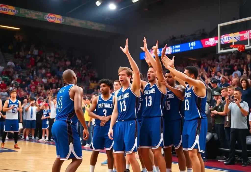 Ashland Arrows basketball team celebrates their win against Mansfield Senior.