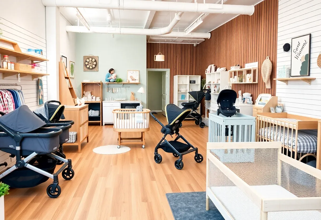 Baby gear rental items displayed in a shop