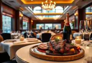 Interior of Barclay Prime with a gourmet cheesesteak and champagne