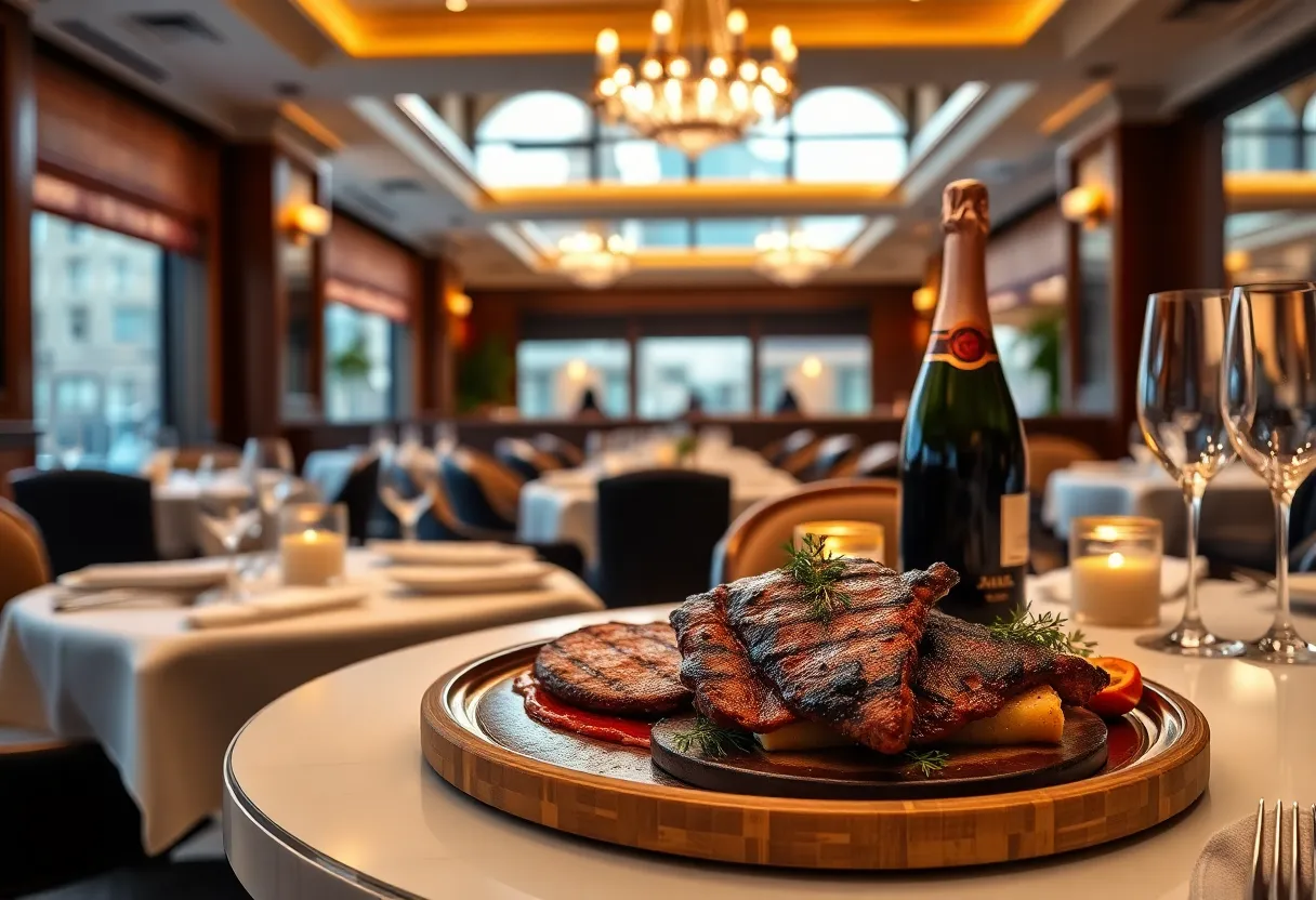 Interior of Barclay Prime with a gourmet cheesesteak and champagne